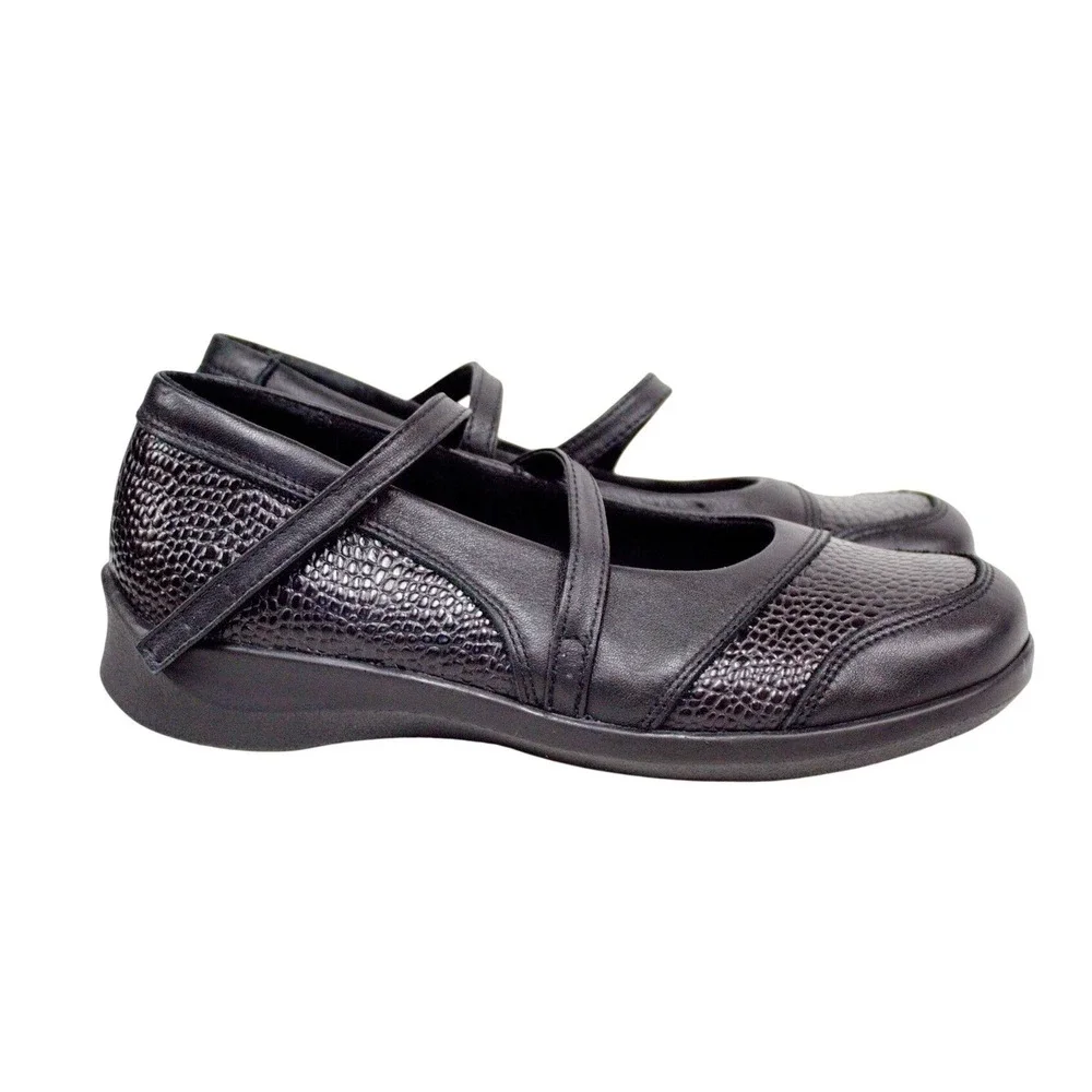 Aetrex Mary Jane Shoes Black Textured Pebbled Leather Comfort Size 7.5